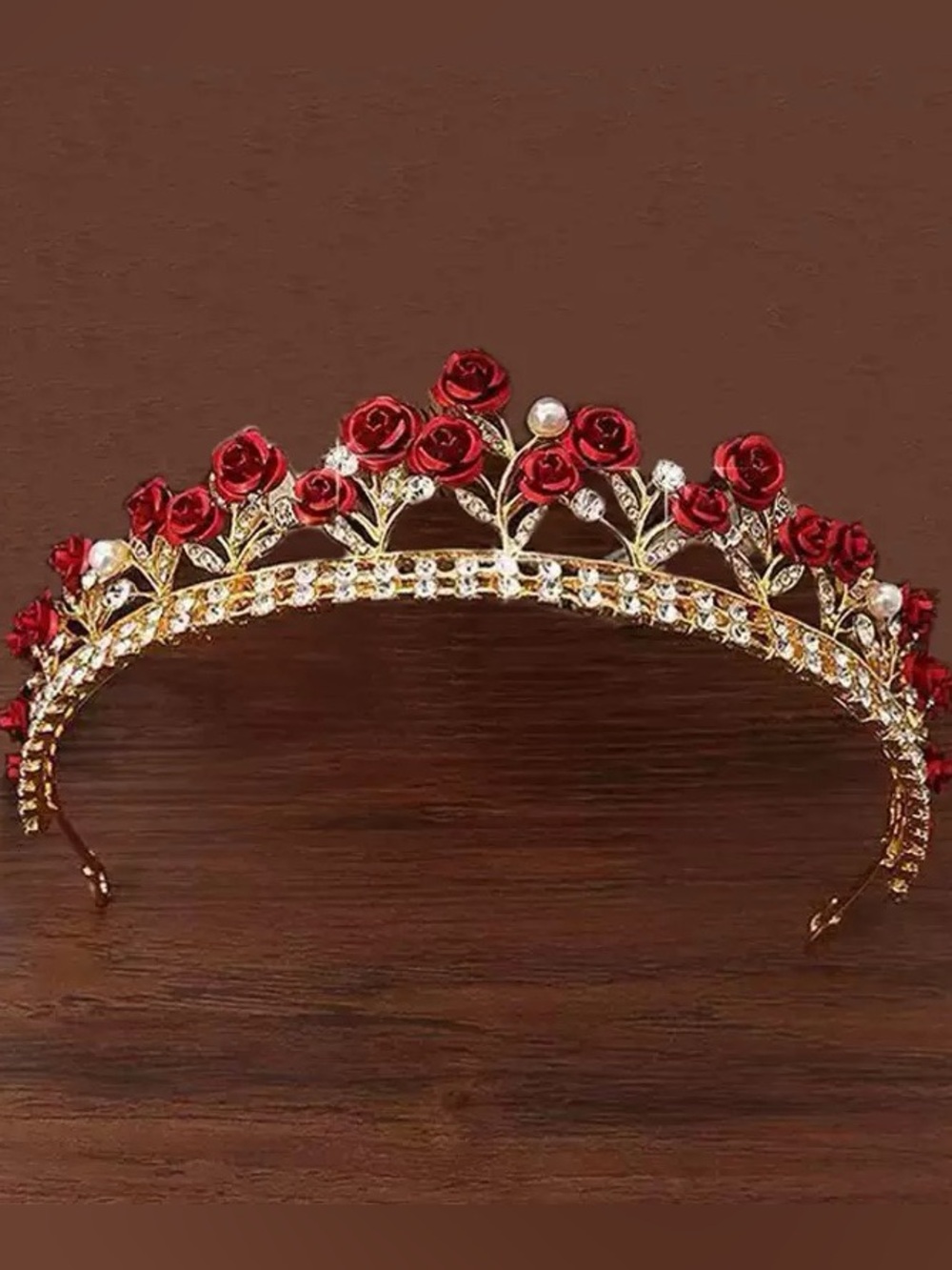 Gold Floral Red Rose Crystal Crown Headband